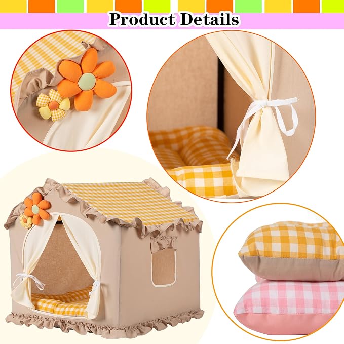 Yellow Indoor Cat House with Frame and Princess Style Cat Houses for Indoor Cats, Washable Cat Bed & Cat Tent, M Size (17×17×17 Inches) for 8-20 lbs. Pets.