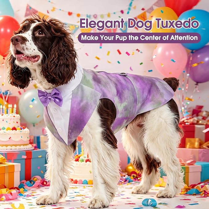 Kuoser Dog Tuxedo, Dog Suit and Bandana Set, Dogs Costume with D-Ring | Formal Dog Outfit with Detachable Bowtie Collar for Wedding, Birthday, Party, Christmas, Halloween, Purple M