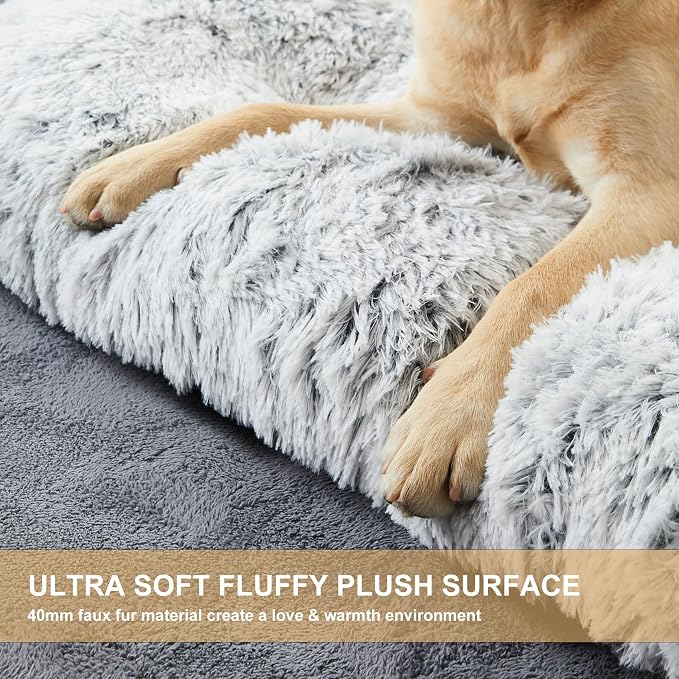 BFPETHOME Dog Beds for Large Dogs, Plush Dog Crate Bed Fluffy Cozy Kennel Pad for Sleeping &Ease Anxiety, Washable Pet Mats with Anti-Slip Bottom for Large Dogs, Grey