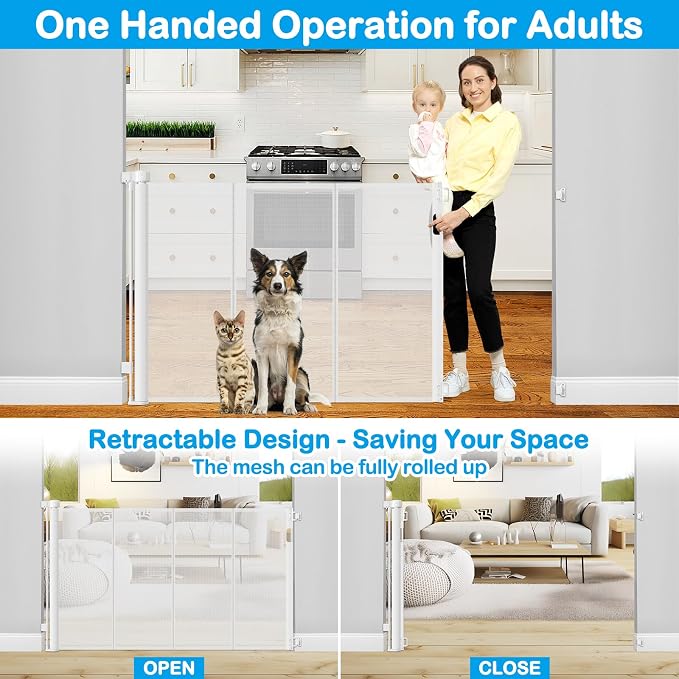 Reinforced 42" Tall X 80" Wide Retractable Baby Gate for Doorway 3.5ft Extra Tall Cat Gate for Stairs Indoor Retractable Baby Gates Extra Wide with Reinforced Bar Mesh Gates for Kids or Pets, White