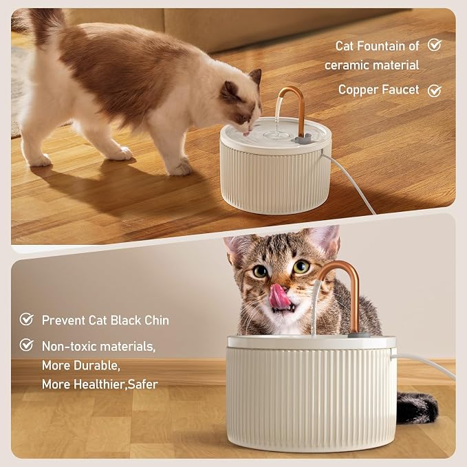 DOOOB Ceramic Cat Water Fountain 2.1L/71oz Ceramic Cat Fountains | Automatic Pet Water Fountain for Cats Pet Water Fountain with Ultra-Quiet Pump and 3 Filters & 3 Sponges (Beige)