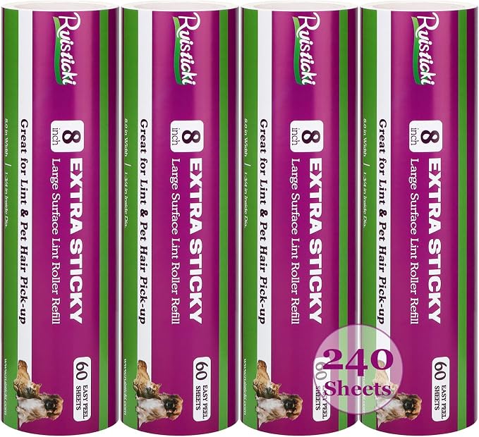 8 inch Lint Roller Refill for Scotch-Brite Pet Extra Sticky Large Surface Roller 50% Stickier Lint Roller Refill, Works Great On Pet Hair, 4 Refills, 60 Sheets per Refill, 240 Sheets Total