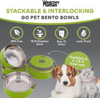 Healthy Human Travel Pet Bento Bowls - Human-Grade Stainless Steel & BPA-Free, Leak-Proof Water & Food Container Set for Dogs & Cats, 3-Pack Interlocking Bowls, Includes Spare Clips & Handle (Green)