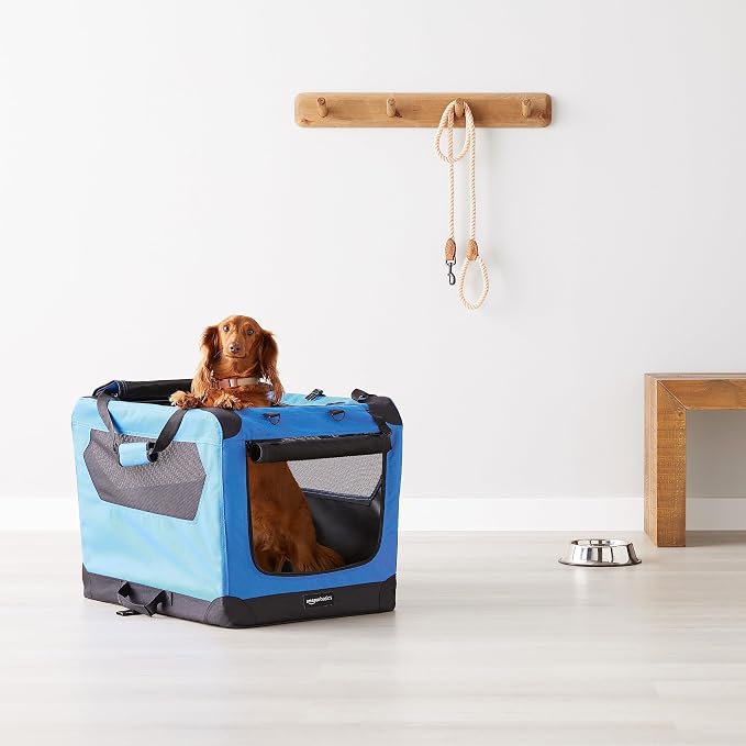 Amazon Basics Portable Soft Pet Dog Crate Carrier Kennel, Foldable, Washable, Up to 25 lbs, 26 x 18 x 18 inches, Blue