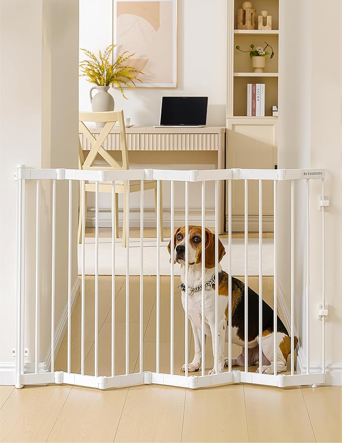 No Pawblems Retractable Safety Gate, Metal Adjustable Dog Gate for Doorways, Stairs & Hallways, Expands to 45" Wide, Auto Retract Design, No Bottom Bar, White