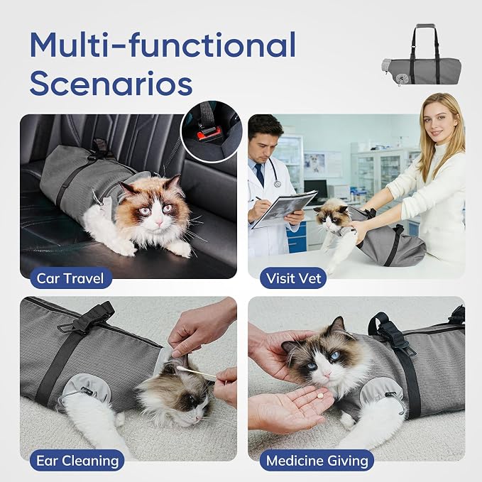 Cat Carrier Pouch, Soft Cat Grooming Restraint Bag for Vet Visits, Nail Trimming,Dental Care & Medication, Comfortable Cats Carry Bag with Bottom Support for Car Travel,Grey S(4-10lbs)