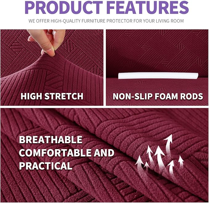 ZNSAYOTX Super Stretch Couch Cover (72"-92"), New Striped Sofa Covers Fitted Slipcovers with Elastic Bottom, Dog Cat Pets Proof Spandex Fabric Comfortable & Durable (Wine Red, Sofa)
