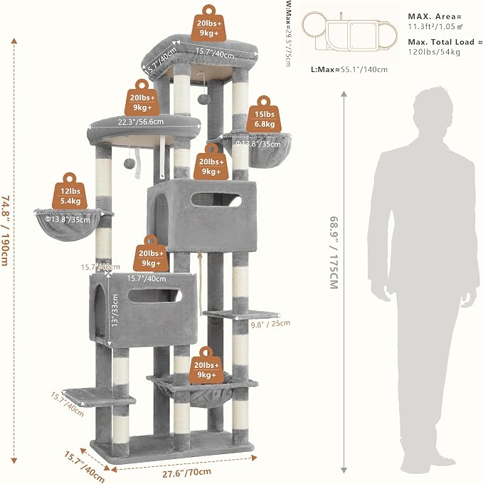 Heybly Cat Tree, 74.8-Inch Spacious & Tall Cat Tower for Large Cats HCT062W | Cat Furniture with Large Top Perch, Solid Base, 2 Cat Condos, Hanging Hammock, Durable Sisal Scratching Posts, Light Gray