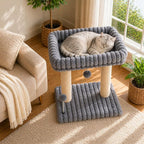 Small Cat Tree with Bed and Scratching Post for Indoor Cats｜Grey | Bedside Kitten Tower｜Space Saving ｜Large Soft Perch｜Sisal Scratcher｜19.7-Inch Tall｜Wide Base｜Replaceable Interactive Toys