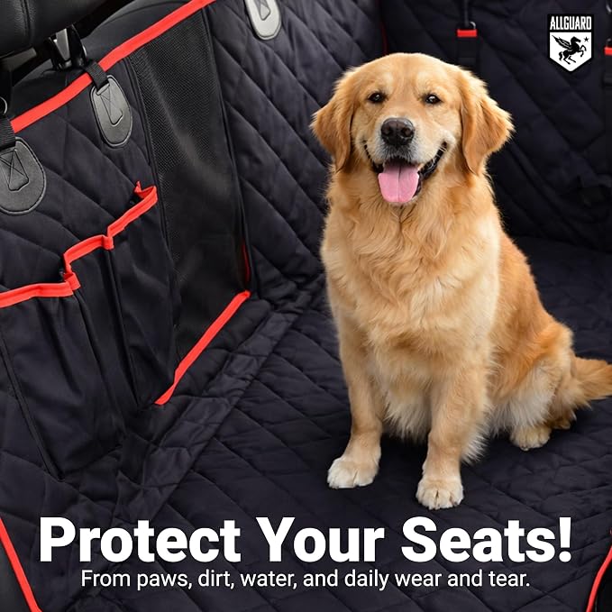 Dog Car Seat Cover for Back Seat, Waterproof, Scratchproof, Nonslip, Dog Hammock for Car, Safety Harness Included, Seat Covers for Pet Dogs, Standard Size (Black/Red)
