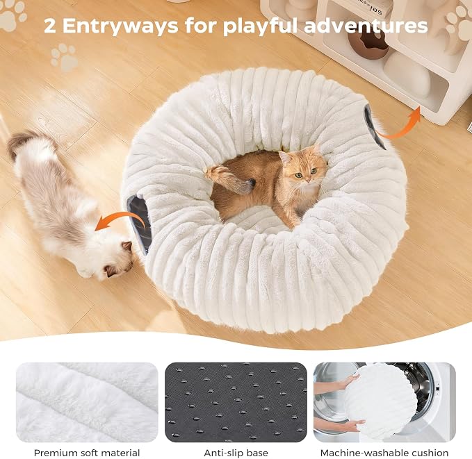 Avont Cat Tunnel Bed for Indoor Cats, Beige | Cat Donut Tunnel Toys | Folds Into a Cozy Bed | 3 Shapes: Donut, C, S | 9.8in Large Cats | 2 Peek Holes & 2 Toy Balls