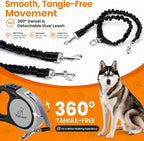 Dual Retractable Dog Leash,10 FT Tangle-Free Leash for 2 Dogs, Detachable for Single Use,One-Button Brake & Lock, Up to 44 lbs Each, 360° Swivel, Non-Slip Handle + Poop Bag Holder (Grey)