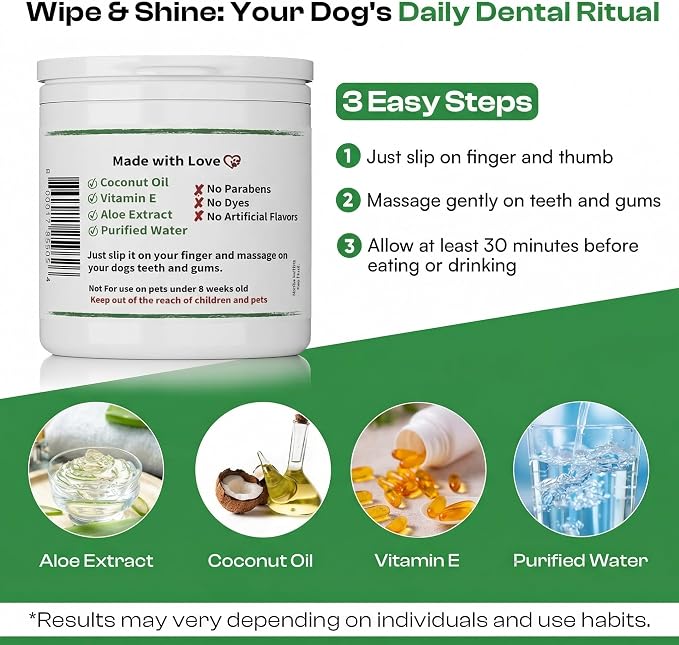 Dog Teeth Cleaning Wipes - Natural Coconut Oil & Aloe - Dental Wipes for Dogs - No-Rinse Pet Dental Finger Wipes - 50 Count