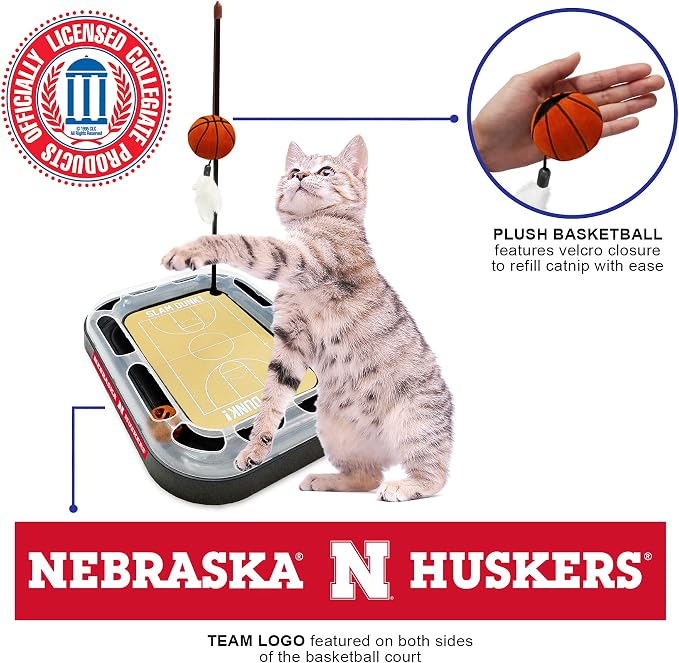 NCAA Nebraska Cornhuskers Basketball Court Cat Scratcher Toy - 6-in-1 Interactive Cat Toy with Catnip-Filled Plush Basketball