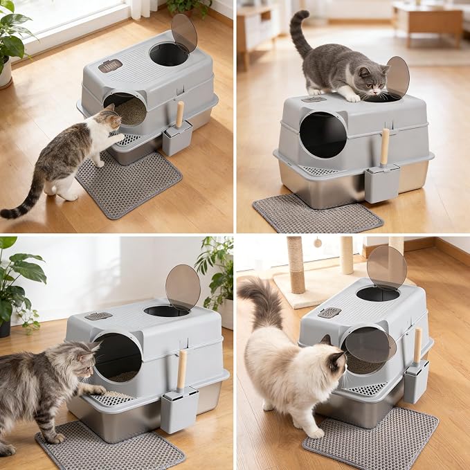 Extra Large XL Stainless Steel Litter Box with Lid, Light Grey | Front Entry Top Exit, Include Scoop and Mat, Odor-Free, Anti-Urine Leakage, Non-Sticky, Easy Cleaning
