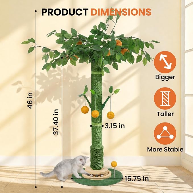 46" Extra Tall Cat Scratching Post for Large Cats, Sisal Rope | Heavy duty vertical sisal scratcher & stable climbing pole with hanging ball, tall post for adult cats full body stretch