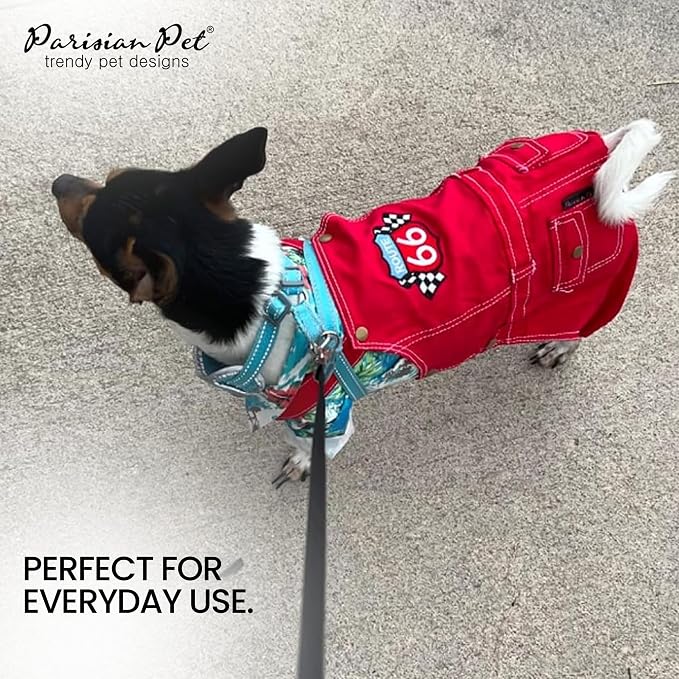 Parisian Pet Red Dog Overalls - Route 66 Denim Dog Clothes - Breathable Sling Puppy Jumpsuit - Durable and Trendy Overalls for Dogs - Comfortable Jeans Dog Clothes for Medium Dogs - Classy Pet Apparel