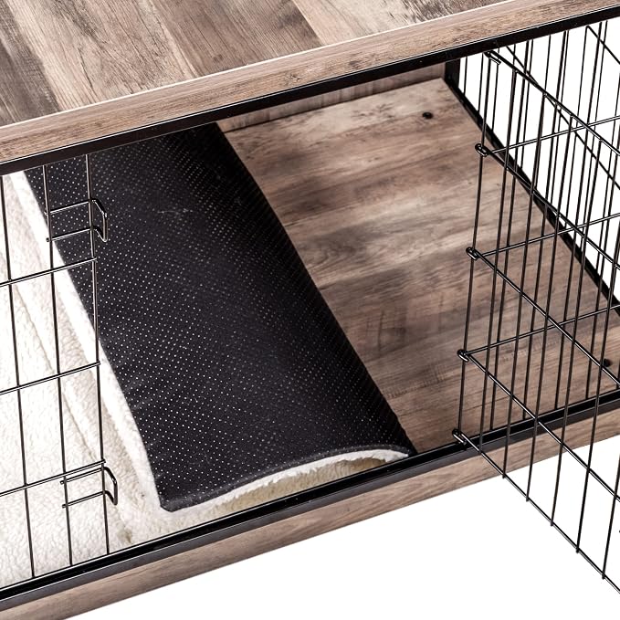 DWANTON Dog Crate Furniture with Cushion, Wooden Kennel Table with Double Doors, Indoor Dog House, Extra Large Size, 43.3" L, Greige