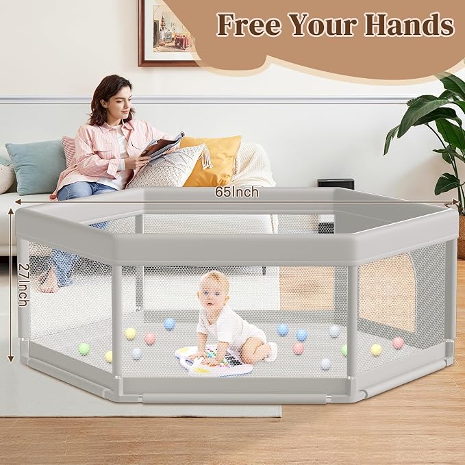 Hiaksedt Large Baby Playpen 65x65 Inch, PlayPen for Babies and Toddlers | Hexagonal Type Baby Play Yards for Indoor & Outdoor with Breathable Mesh Anti-Fall