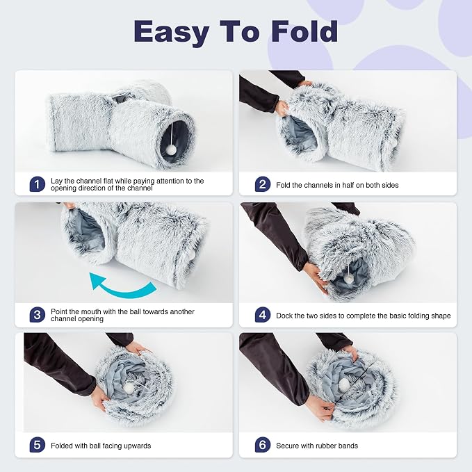 Tempcore Plush Cat Tunnel for Indoor Cats, 3 Way Collapsible Pet Play Tunnel with Teaser Wand, Peek Holes & Hanging Ball, Interactive Tube for Kittens & Rabbits, Light Grey
