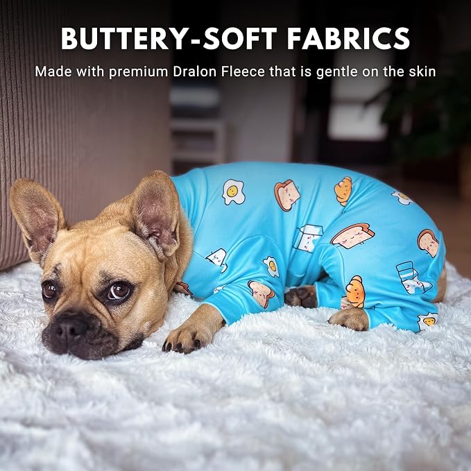 Spark Paws Dog Pajama, Dog Recovery Suit Male, Onesie, Ultra-Soft and 4-Way Stretch, for Small Medium and Large Breeds - Breakfast Blue - M