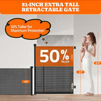 Pawtners Retractable Baby Gates Extra Wide, Dog Gate Indoor for Stairs, Pet Gate with Support Rods for Doorways Hallways Indoor & Outdoor,51" Tall x 200" Wide