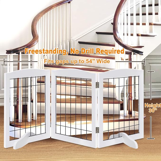 LZRS 3-Panel Freestanding Adjustable Wooden Dog Gate—30" Tall Foldable Pet Barrier with Support Feet, Chew-Resistant Solid Hardwood & Steel Wire Safety Fence for Doorways, Hallways, and Stairs, White