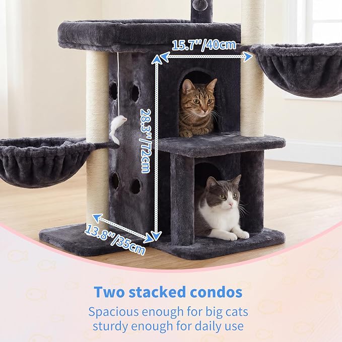Heybly Cat Tree with Reinforced Big Base, 41.3 in Sturdy Cat Tower HCT075G | Indoor Cat Furniture Featuring 2 Roomy Platforms, Double Condos, 2 Cozy Baskets, Full Sisal Scratching Posts, Smoky Gray