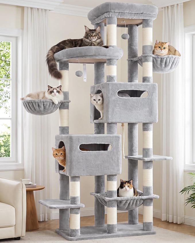 Heybly Cat Tree, 74.8-Inch Spacious & Tall Cat Tower for Large Cats HCT062W | Cat Furniture with Large Top Perch, Solid Base, 2 Cat Condos, Hanging Hammock, Durable Sisal Scratching Posts, Light Gray