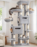 Heybly Cat Tree, 74.8-Inch Spacious & Tall Cat Tower for Large Cats HCT062W | Cat Furniture with Large Top Perch, Solid Base, 2 Cat Condos, Hanging Hammock, Durable Sisal Scratching Posts, Light Gray