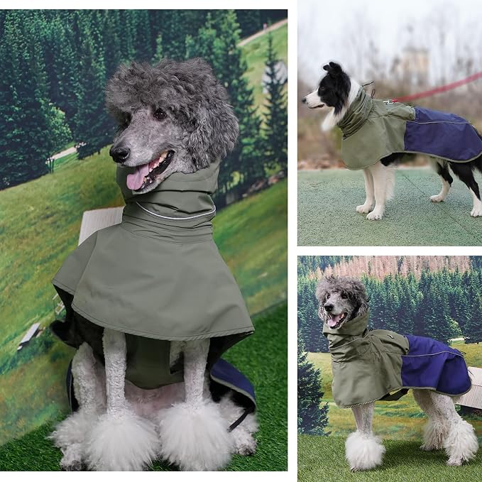MAMORE Dog Raincoat with High Collar - Waterproof Adjustable Dog Rain Jacket, Lightweight Reflective Pet Rain Coat for Small Medium Large Dogs for Outdoor Walking Hiking(Green&Navy, Small)
