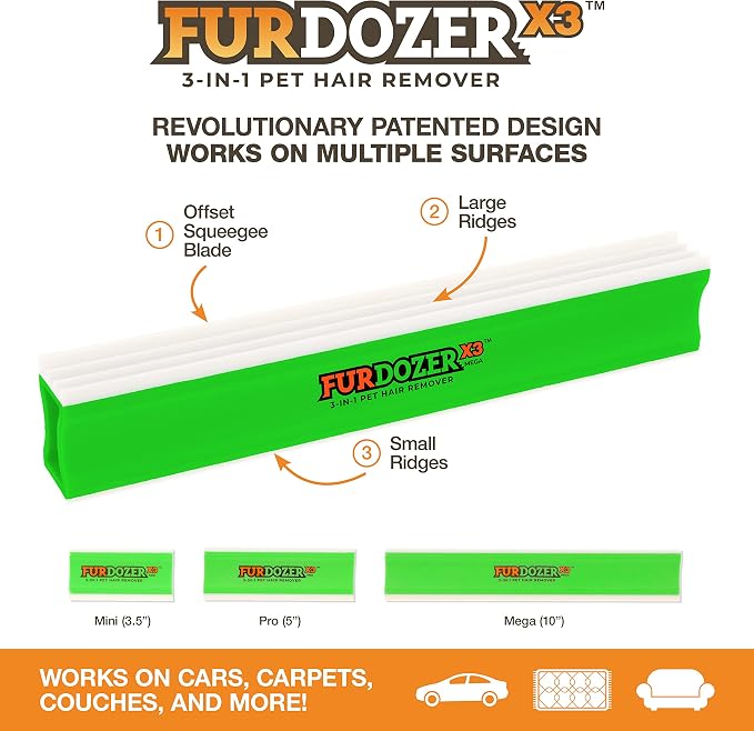 FurDozer Pet Hair Remover & Auto Detailing Tools - Cat & Dog Hair Remover for Carpets, Car Interiors, Couches, Bedding, & Pet Furniture (Green, X3 MEGA - 10" Long)