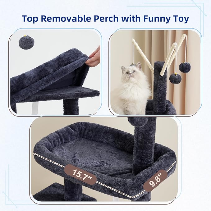 Gitelsnour Cat Tree Tower for Indoor Cats, Top Platform with Toy, GCT006SG | 49.2 inch Cat Condo House, Sturdy Base, Scratching Post & Board, 3 Balls, Hanging Basket, Small Cats and Kittens, Drak Gray