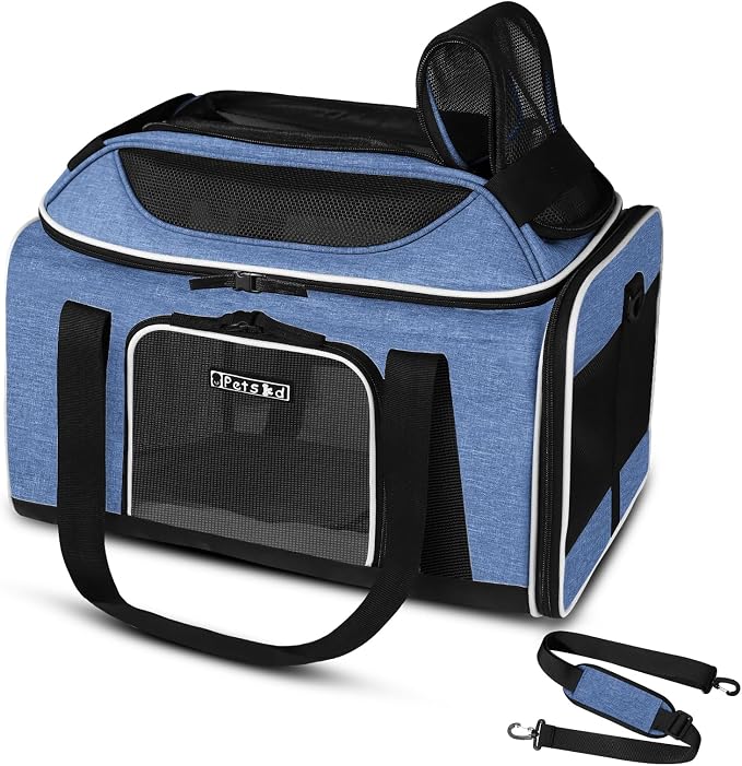 Petskd Top-Expandable Small Pet Carrier 18"x11"x11" Airline Approved | for Delta/American/United Airlines, Lockable Safety Zippers and Anti-Scratch Mesh, Soft-Sided, Pets Under 10 Lbs, Blue