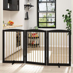 PUPETPO Freestanding Pet Gate for Dogs, Foldable Wooden Dog Gate for House Indoor, Step Over Pet Puppy Safety Fence for Stair, Doorway,Hall, Support Feet Included,3 Panels 32",Black&Gold