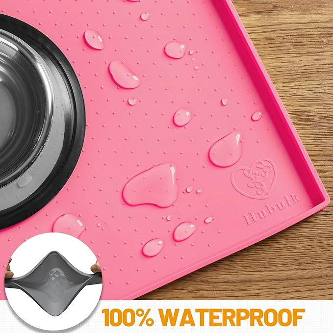 Hubulk Dog Feeding Mat,100% Waterproof Food Grade Silicone Pet Food and Water Bowl Placemat,Dishwasher, High Raised Edge to Prevent Spills,Nonslip Tray to Stop Messes on Floor（28"x18"x0.8", Pink）