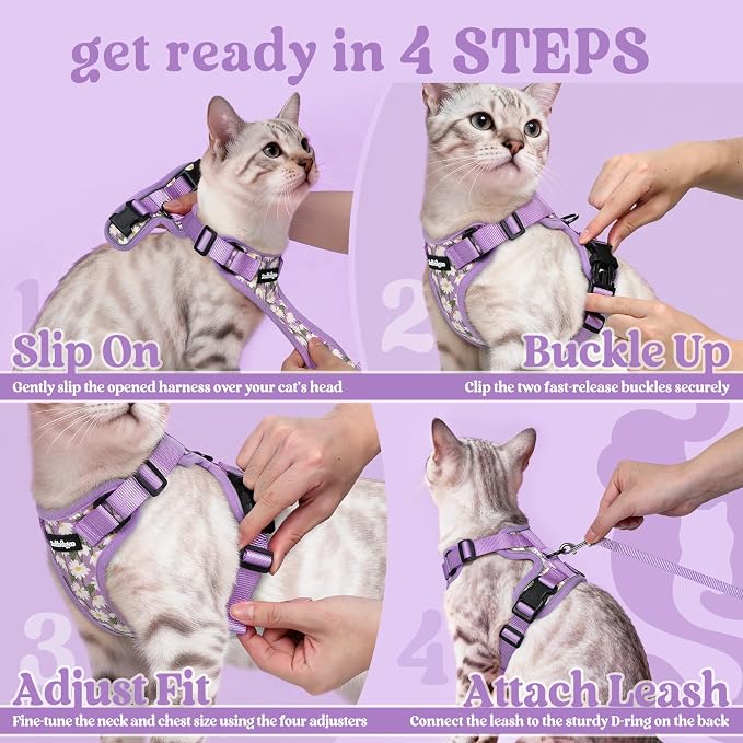 rabbitgoo Cat Harness and Leash Set, Escape Proof Vest, Purr-ple Daisy | Soft Breathable Mesh, Easy Adjustable Fit, Snap Buckles, Sturdy Clip, Reflective Strips, for Medium to Large Cats Walks, M