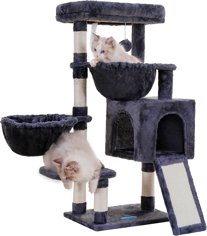 Hey-brother Cat Tree Tower with Large Bed, Hammocks, Scratcher, MPJ006SG | 35.4 Inches Cat House with Cozy Condo, Sisal Scratching Posts for Indoor Cats, Smoky Gray