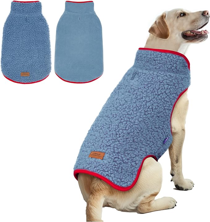 cyeollo Warm Dog Coat Reversible Winter Coats Large Pet Sweater Vest, Fleece Sherpa Dog Jacket for Large Dogs with Leash Hole, Soft Pet Cold Weather Coats, Blue, XXXL