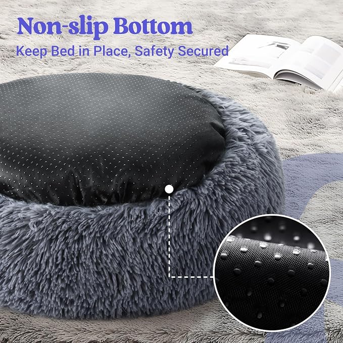 rabbitgoo Calming Cat Beds for Indoor Cats, 23 inches, Dark Grey | Soft Warm Donut, Fluffy Faux Fur, Supportive Raised Rim, Anti-slip, Machine Washable, Up to 25lbs Cats & Small Dogs