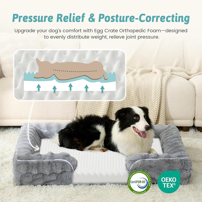 COZY KISS Orthopedic Dog Bed for Extra Large Dog, Soft and Warm Faux Fur Sofa for Giant Pet Up to 150 lbs, Foam Bolster Anti-Slip Couch with Washable Removable Cover, XXL 48x35x8 inch, Grey