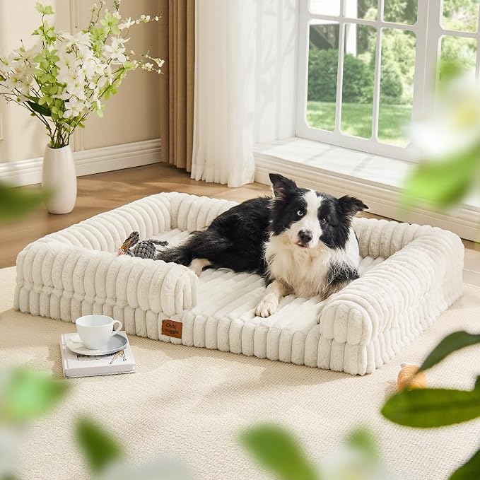 ChiXnuggle Faux Fur Orthopedic Dog Bolster Bed, Waterproof Washable Cover | rectangular dog sofa couch,egg crate foam,non-slip bottom,for extra large dogs,cream,41*30*7