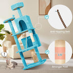 57inch Large Cat Tree Tower Condo for Indoor Cats, Soft Plush Multi-Level Climbing Tree Cat House with Cat Cave, Scratching Post, More Entrance/Exit, Sisal Rope, Light Blue