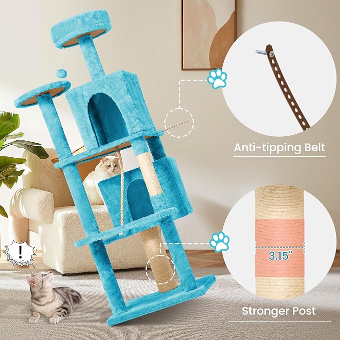 57inch Large Cat Tree Tower Condo for Indoor Cats, Soft Plush Multi-Level Climbing Tree Cat House with Cat Cave, Scratching Post, More Entrance/Exit, Sisal Rope, Light Blue
