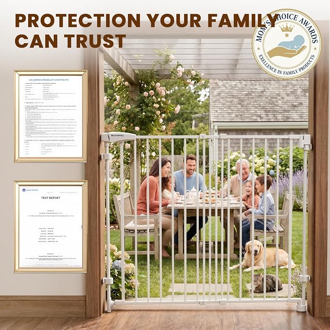 Mumeasy 36" Tall Baby Gate for Stairs, 29.5-43.3" Expandable Hardware Mounted (Drill Needed), Removable No Bottom Bar Dog Gate, Auto Close Wide Walk Thru Safety Gate for Doorways, Pets& Toddlers,White