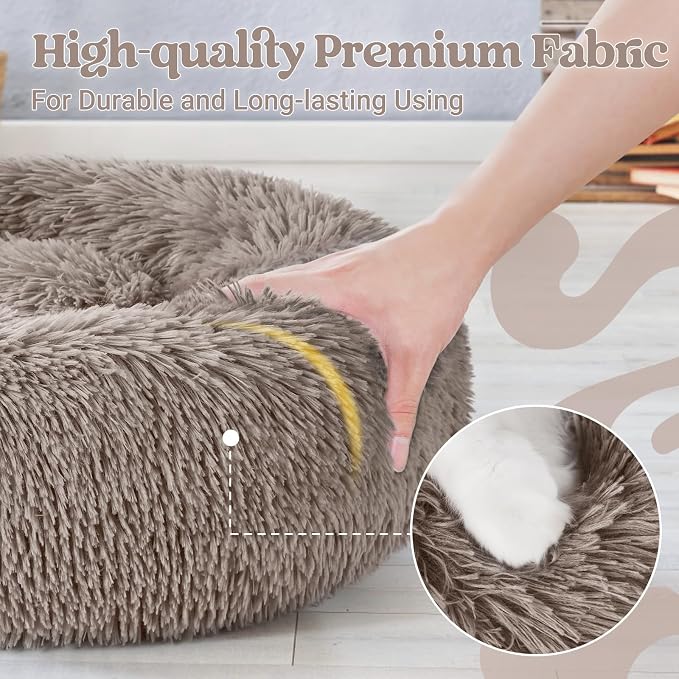 rabbitgoo Calming Cat Beds for Indoor Cats, 20 inches, Khaki | Soft Warm Donut, Fluffy Faux Fur, Supportive Raised Rim, Anti-slip, Machine Washable, Up to 15lbs Kittens & Small Cats