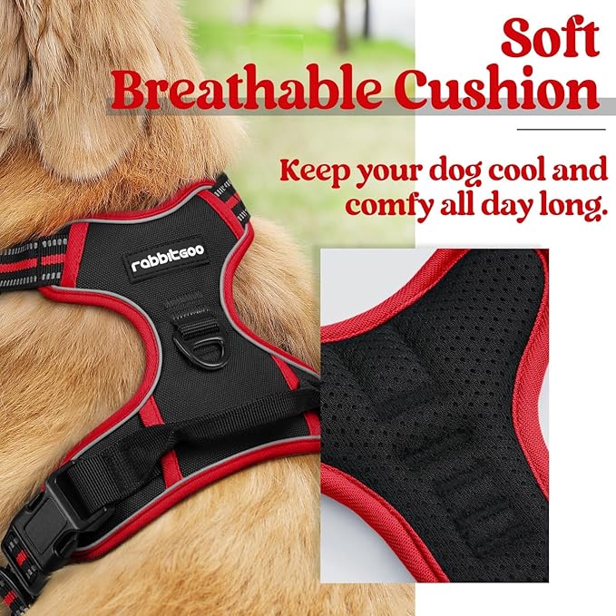 rabbitgoo Dog Harness, No Pull for Large Dogs with 2 Leash Clips, Pet Vest | No Choke with Handle, Adjustable Soft Padded, Reflective, Easy Control for Walking, Black & Red, Large