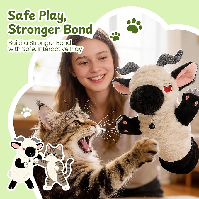 Cat Wrestling Glove, 22 inch Cat Puppet Wrestler with 3 Catnip Pouches & 3 Layer Resistant Protection, Interactive Cat Toy with Removable Bell for Boredom Relief & Mental Stimulation, Goat