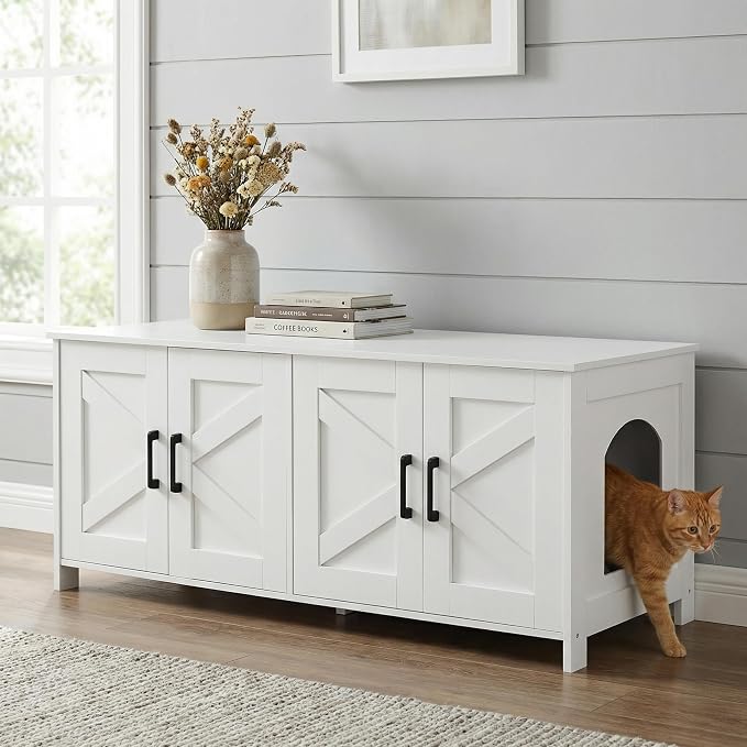 Homhedy 47.2”L Cat Litter Box Enclosure for 2 Cats, White | Wooden Litter Box Furniture Hidden with Double Room, Cat Washroom, Cat House, Dog-Proof, TV Stand,Farmhouse Style