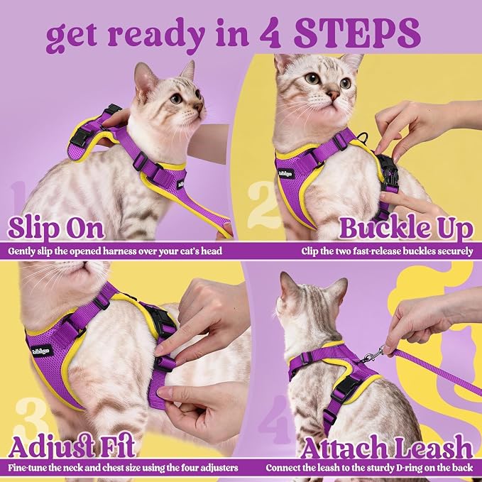 rabbitgoo Cat Harness and Leash Set, Escape Proof Vest, Purple & Yellow | Soft Breathable Mesh, Easy Adjustable Fit, Snap Buckles, Sturdy Clip, Reflective Strips, for Small & Average Cats Walks, Xs